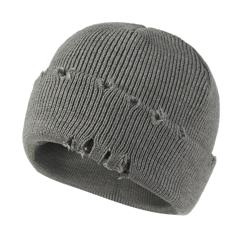 Distressed Knitted Beanie Acrylic Solid Color Broken Hole Ribbed Outdoor Winter Warm Streetwear Hip Hop Hat For Men Women