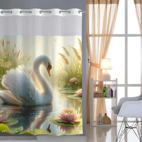 Shower Curtain And Mat Waterproof Polyester Hookless Double Layer Removable Liner Swan Lotus Print Artistic Bathroom Decor