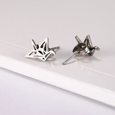 Boucles D'oreilles Puces Minimalistes Acier Inoxydable Creux Géométrique Origami Grue Papier Tête Renard Bijoux Animaux Mode