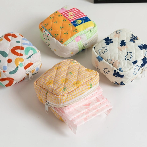 Quilted Floral Sanitary Napkin Storage Bag Portable Mini Makeup Pouch Travel Small Zipper Fabric Menstrual Period Purse