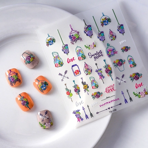 5D Geprägte Nagelkunst Aufkleber Sukkulenten Garten Blumen Design DIY Maniküre Dekoration 3D Klebebilder Floral