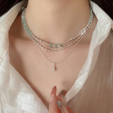 Double Layered Necklace With Water Drop Pendant Alloy Silver Plated Beaded Chain For Women Elegant Daily Wear