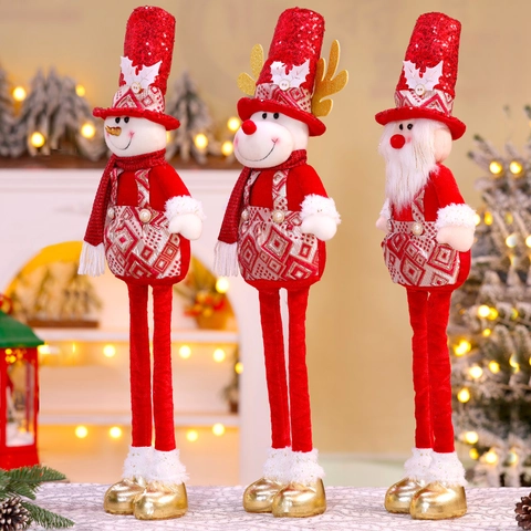 Figurine De Poupée Télescopique De Noël Père Noël Bonhomme De Neige Renne Longues Jambes Peluche Paillettes