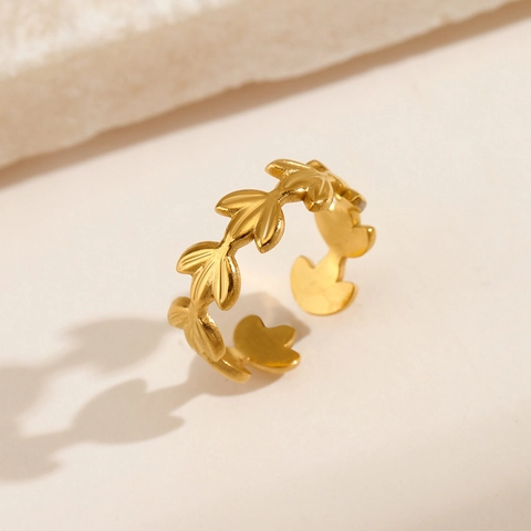 Anillo De Hoja Minimalista Acero Inoxidable Chapado En Oro 18K Ajustable Joyería Abierta Diseño Rama Olivo