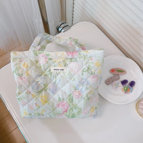 Quilted Cotton Handbag With Floral Print French Pastoral Style Tote Bag For Shopping Lunch Daily Use Women
