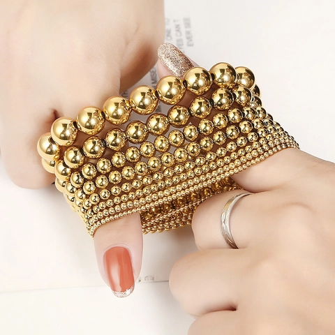 Modern Stainless Steel Gold Plated Beaded Elastic Bracelet Minimalist Geometric Round Ball Stretch Bracelet For Women Jewelry