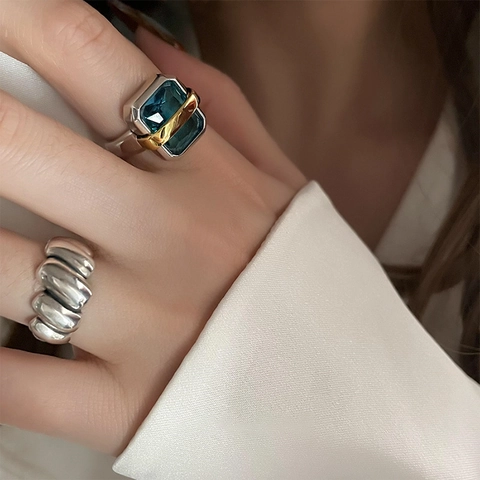Anello Aperto Zaffiro Blu Sintetico Rame Retrò Strutturato Fascia Larga Bicolore Per Donna Stile Coreano Ins