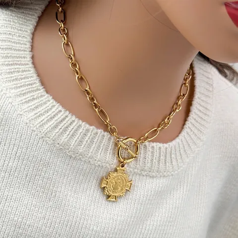Collar De Acero Inoxidable Vintage Con Baño De Oro De 18K Cadena Gruesa Colgante Medalla Cruz Religiosa Cierre De Barra