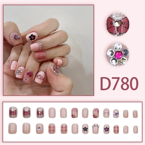 Pink Floral Bow Press On Nails With Rhinestone Heart Smile Face Plaid Design Short Square Shape False Nails