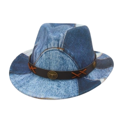 Kinderen Retro Western Denim Patchwork Fedora Hoed Met Stierkop Gesp Leren Riem Zonbescherming Etnische Jazz Pet
