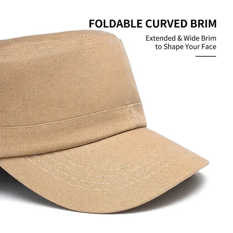 Flat Top Cadet Hat Cotton Breathable Adjustable Sun Protection Outdoor Military Style Casual Cap For Men