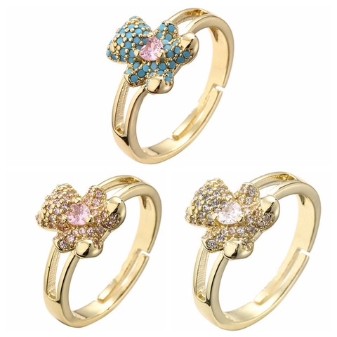 Bär Form Verstellbarer Offener Ring Kupfer Vergoldet Herz Zirkonia Mikro Pave Mode Schmuck Für Damen