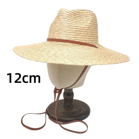 Wide Brim Straw Hat Sun Protection Breathable Beach Vacation Fedora Style With Decorative Band And Windproof Rope