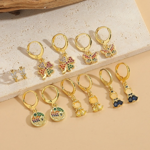 Schmetterling Kleeblatt Figur Anhänger Ohrringe Kupfer Bunte Zirkonia Retro Zierlich Mode Schmuck Für Frauen
