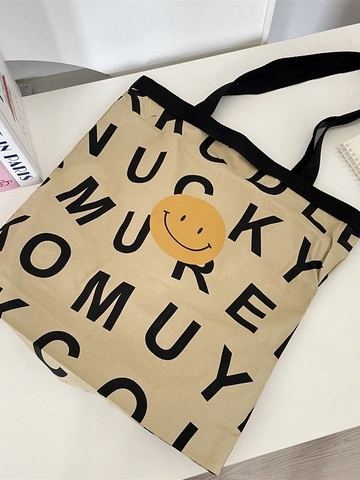 Canvas Tote Bag Smiley Face Gelb Buchstaben Print Große Kapazität Shopper Schulter Handtasche Street Style Für Damen