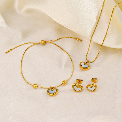 Collier Bracelet Ajustable Boucles D'oreilles Coeur Acier Inoxydable Nacre Incrustation Plaqué Or Minimaliste