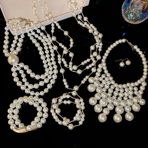 Elegant Multi-Layer Imitation Artificial Pearl Necklace Bracelet Earrings With Silver Earring Post Alloy Rhinestone For Women