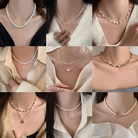 Artificial Pearl Necklace For Women Alloy Rhinestone Bow Heart Pendant Double Layer Fashion Jewelry Elegant Clavicle Chain