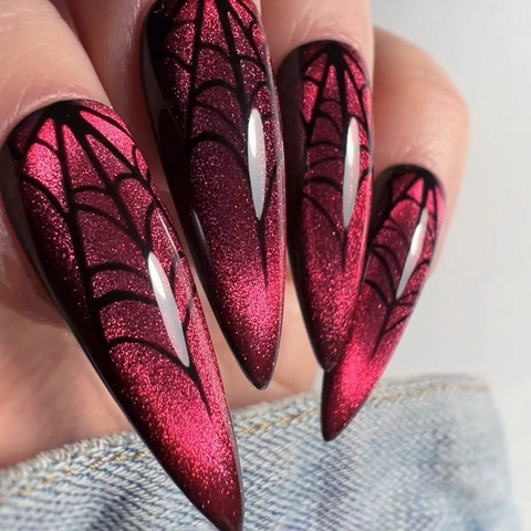 Uñas Postizas Stiletto Largas Halloween Rojo Ojo De Gato Brillo Diseño De Telaraña Gótico Para Mujeres