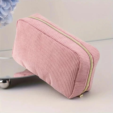 Corduroy Cosmetic Makeup Bag Large Capacity Travel Toiletry Organizer Pouch Solid Color Striped With Zipper For Women