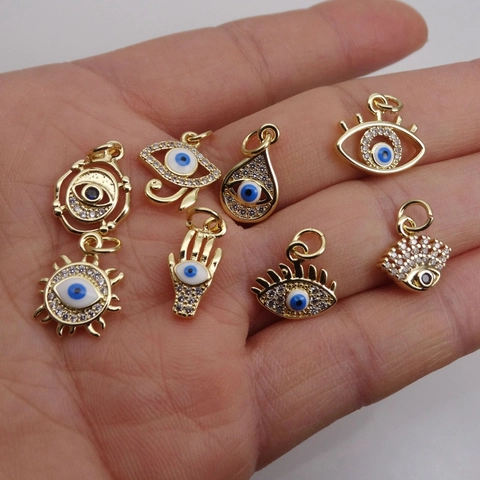 Evil Eye Hamsa Hand Small Pendants Copper Zircon Enamel Charms For DIY Jewelry Making Gold Plated Style