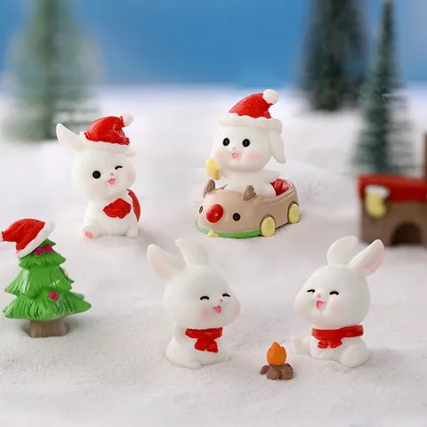 Weihnachten Mini Hase Figuren Harz Desktop Ornament Mikro Landschaft Dekor Lagerfeuer Rentier Schlitten Cartoon Niedlich