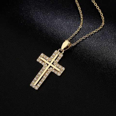 Collana Con Ciondolo A Croce Rame Placcato Oro 18K Zirconia Gioielli Religiosi Di Moda Per Donne Regalo