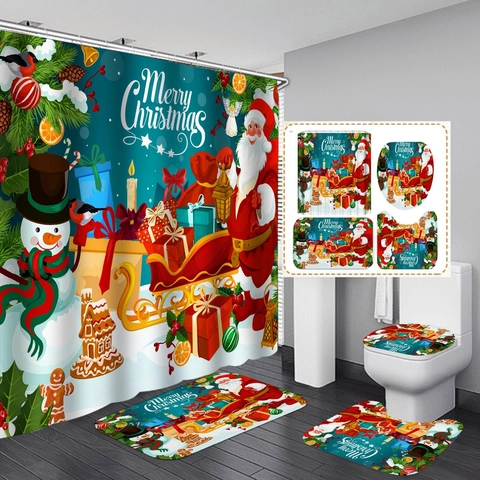 Christmas Shower Curtain Bath Mat U-Shaped Rug Toilet Lid Cover Waterproof Polyester Snowman Santa Holiday Decor