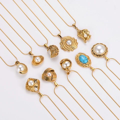 Collana Pendente in Acciaio Inossidabile 304 Vintage Donna Placcata Oro 18K Perla Artificiale Turchese Gioielli