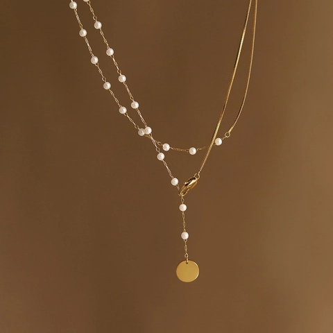 Double Layer Stainless Steel Snake Chain Artificial Pearl Necklace For Women Gold Disc Pendant Clavicle Chain Jewelry