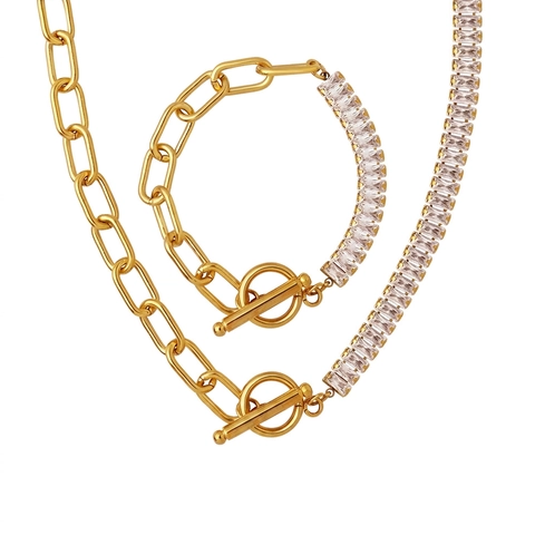 Zircon Stainless Steel Jewelry Necklace And Bracelet Toggle Clasp Split Paperclip And Tennis Chain For Women Hip Hop