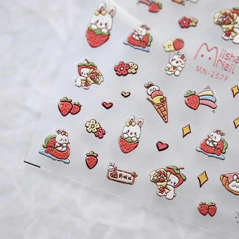 Nail Art Stickers 5D Embossed Adhesive Decals Cartoon Rabbit Strawberry Flowers For Manicure DIY Cute Style