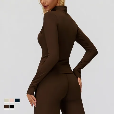 Chaqueta De Yoga Para Mujer Con Cremallera Forro Polar Top Deportivo Cuello Alzado Agujeros Pulgar Ajuste Ceñido Correr