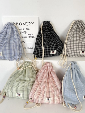 Drawstring Backpack Plaid Checkered Polyester Canvas Lightweight Beaded Decor School Travel Casual Cute Bags For Women