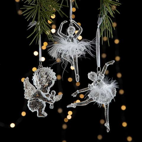 Christmas Tree Hanging Ornaments Transparent Acrylic Ice Crystal Glitter Angel Ballet Girl Star Holiday Decor