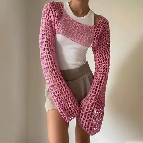 Donna Shrug Bolero Uncinetto Maglia Acrilico Manica Lunga Campana Corto Mesh Top Y2K Stile Bohemien