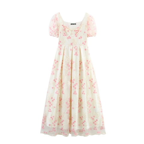Vestido Largo De Malla Con Bordado Floral Rosa Elegante Cuello Cuadrado Mangas Abullonadas Cintura Alta Retro Princesa Tul
