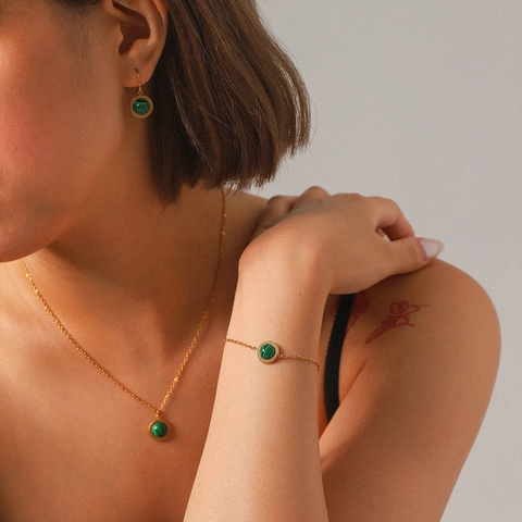 Gioielli Malaquita Donna Acciaio Inossidabile Placcato Oro Retro Rotondo Collana Bracciale Orecchini Ipoallergenico