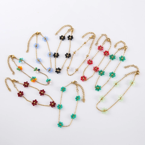Bohemian Handmade Flower Beaded Bracelet Stainless Steel Adjustable Fashion Jewelry For Women Girls