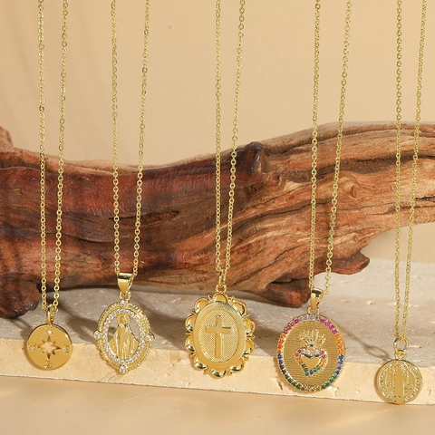 Collana con Ciondolo in Rame Vintage Zirconia per Donna Croce Religiosa Cuore Bussola Vergine Maria Gioielli Minimalisti