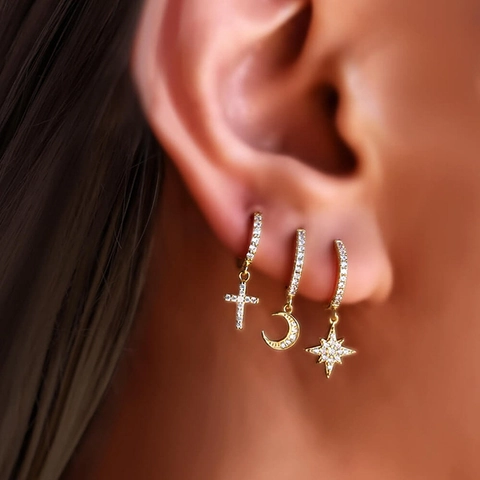 Orecchini a Cerchio Asimmetrici Stella Luna Rame Zirconia Intarsiata Oro Argento Oro Rosa Placcato Orecchini per Donna Gioielli