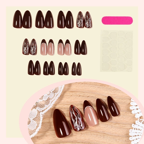Brown Marble French Style Glossy Almond Press On Nails Plastic Fake Nails With Adhesive Tabs And File