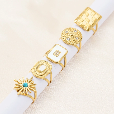 Vintage Geometric 18K Gold Plated Stainless Steel Rings For Women Shell Zircon Bohemian Adjustable Open Ring Fashion Jewelry