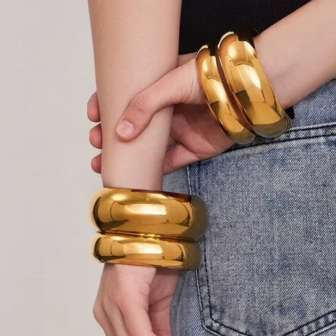 Bracelet Jonc Large Épais Acier Inoxydable Plaqué Or Poli Minimaliste Bijoux Géométriques Pour Femmes