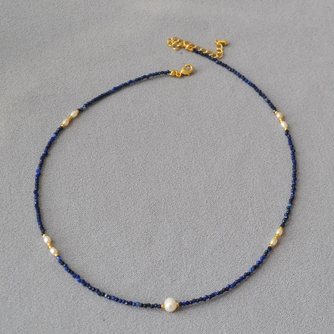 Handmade Minimalist Lapis Lazuli Beaded Necklace With Small Freshwater Pearls Brass Gold Plated Tiny Beads Elegant Jewelry For Women