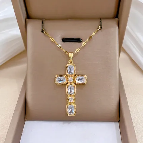 Kreuz Anhänger Halskette Edelstahl Kette Zirkon Eingelegtes Kupfer Kreuz Damen Eleganter Schmuck