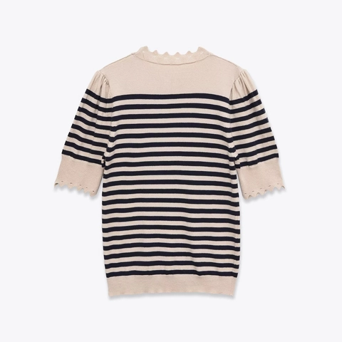 Top In Maglia A Righe Da Donna Stile Francese Elegante Bordo Festonato Manica A Sbuffo Girocollo Maglione In Poliestere Acrilico