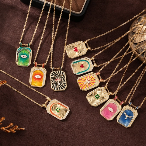Collar Con Colgante De Carta De Tarot Cobre Chapado En Oro De 14K Esmalte Mal De Ojo Luna Sol Corazón Joyería Bohemia Mujeres