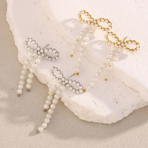Stainless Steel Butterfly Bowknot Artificial Pearl Tassel Stud Earrings 18K Gold Plated Retro French Style Elegant Women Jewelry