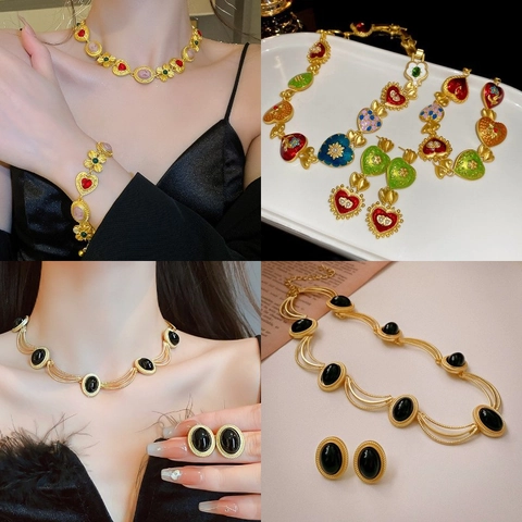 Vintage Retro Palace Style Alloy Necklace With Enamel Heart Pendant Faux Artificial Pearl Accents Court Jewelry For Women